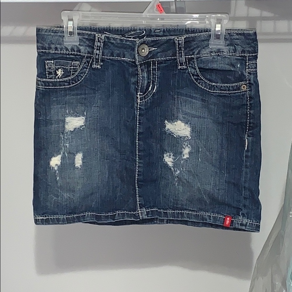 Distressed denim skirt